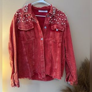 Pearl Studded Red Corduroy Jacket